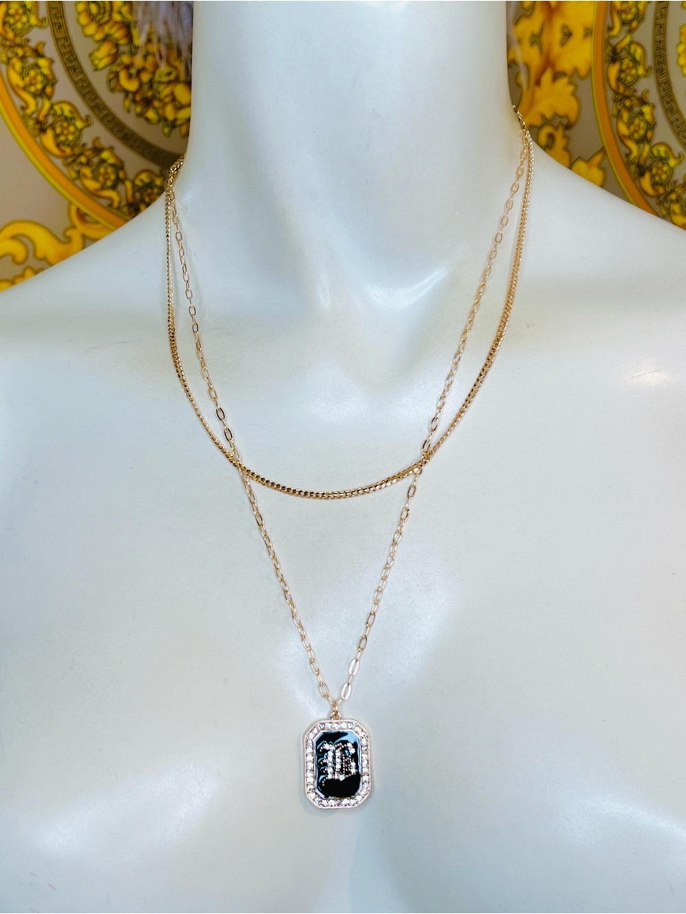 B initial letter 18k gold plated black enamel crystal necklace chain adjustable